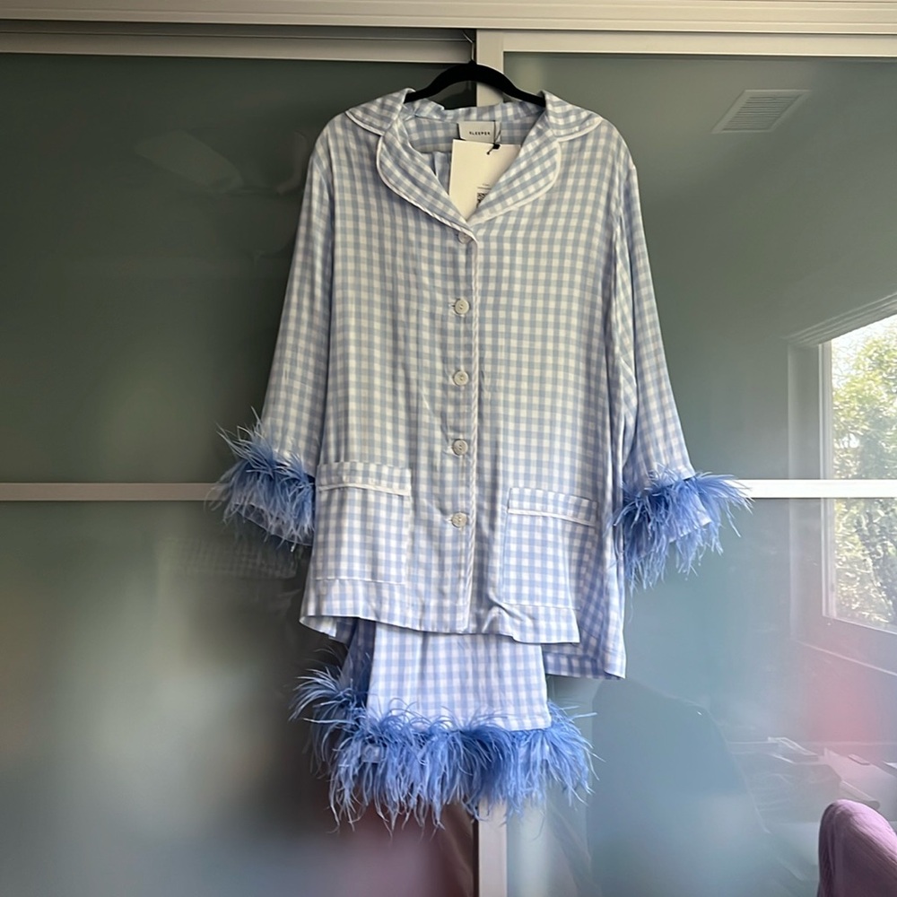 Sleeper Party Pajama Set with Feather Trim